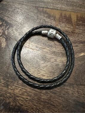 Pandora Black Braided Leather Double Wrap Bracelet with Silver Clasp